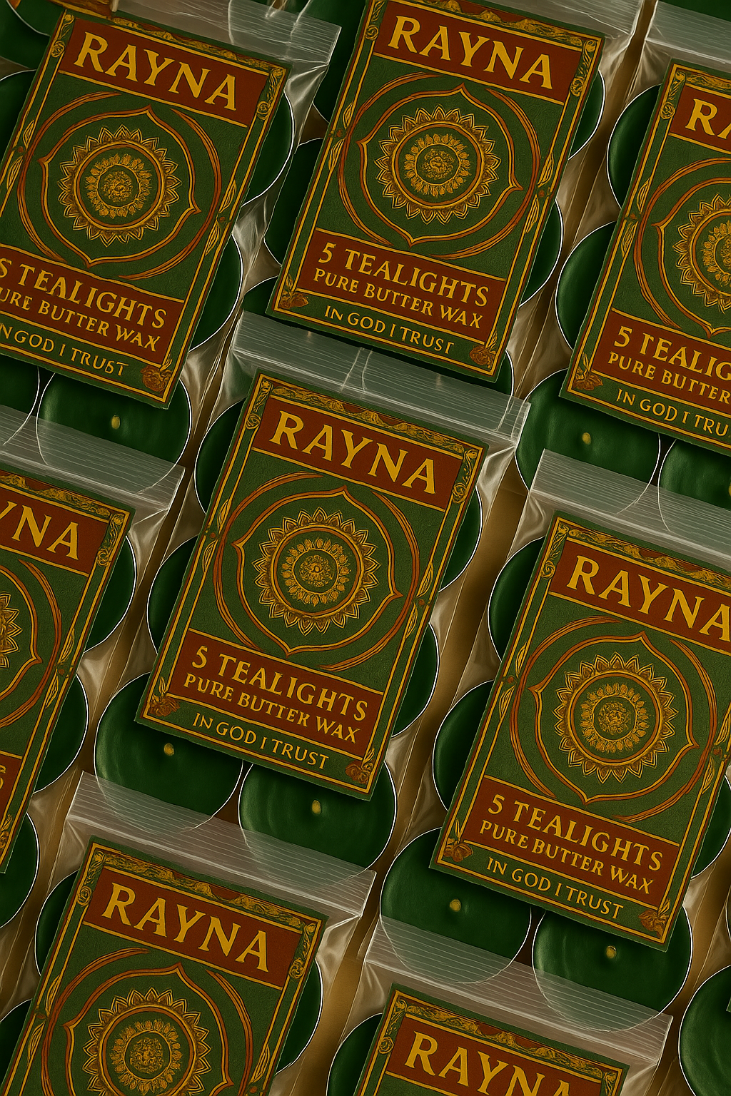 RAYNA Tealight Candle – 5PC + 1 Blessing Gift (6pcs GREEN)| "BLESSING"- BUDDHIST TANTRA WISDOM| Pure Butter Wax