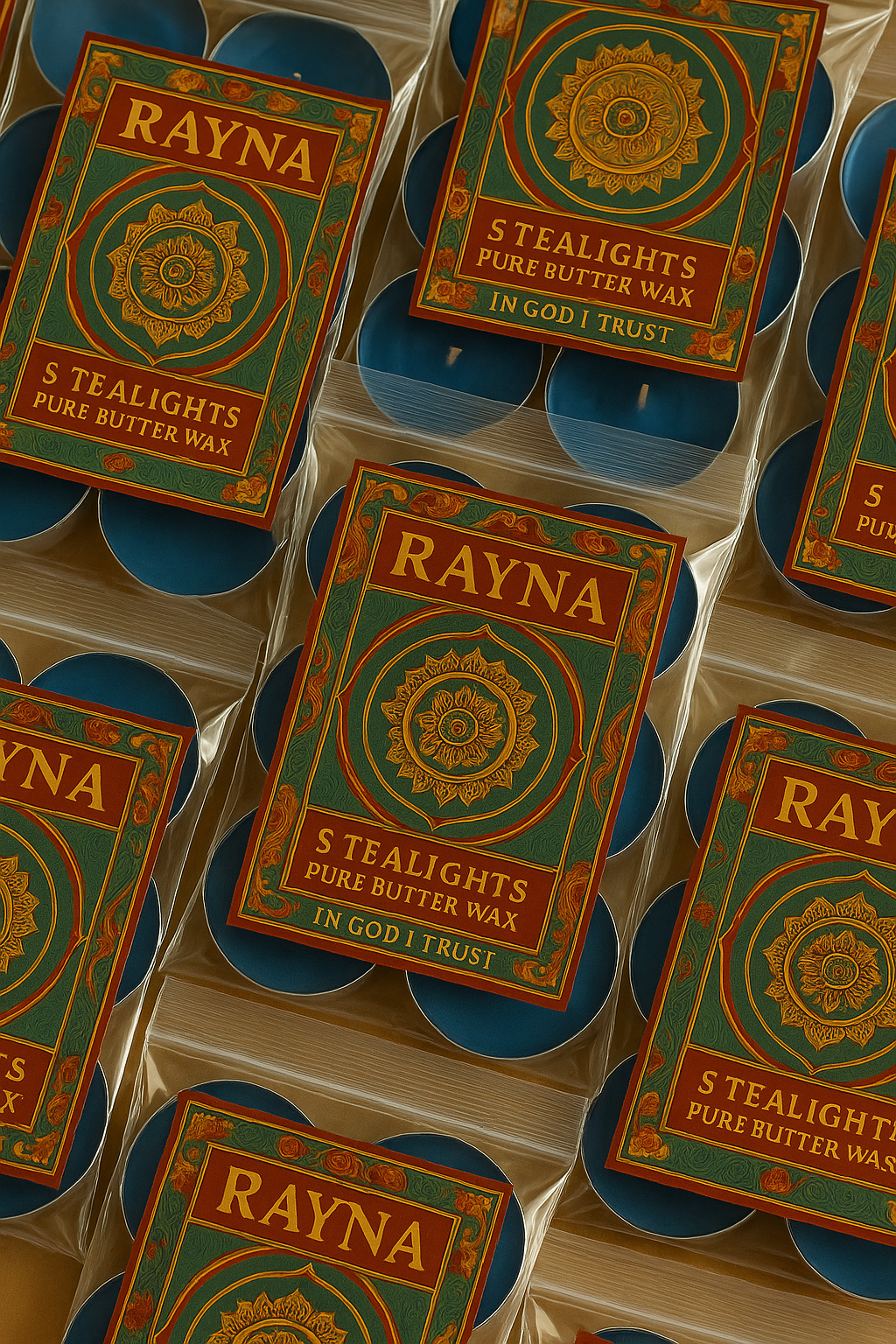 RAYNA Tealight Candle – 5PC + 1 Blessing Gift (6pcs BLUE)| "BLESSING"- BUDDHIST TANTRA WISDOM| Pure Butter Wax