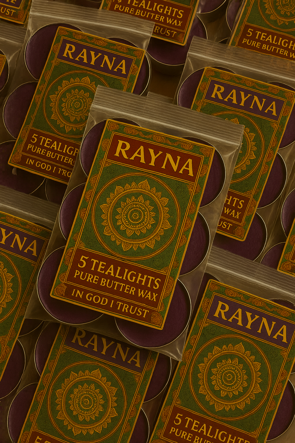 RAYNA Tealight Candle – 5PC + 1 Blessing Gift (6pcs PURPLE)|"BLESSING" BUDDHIST TANTRA WISDOM | Pure Butter Wax