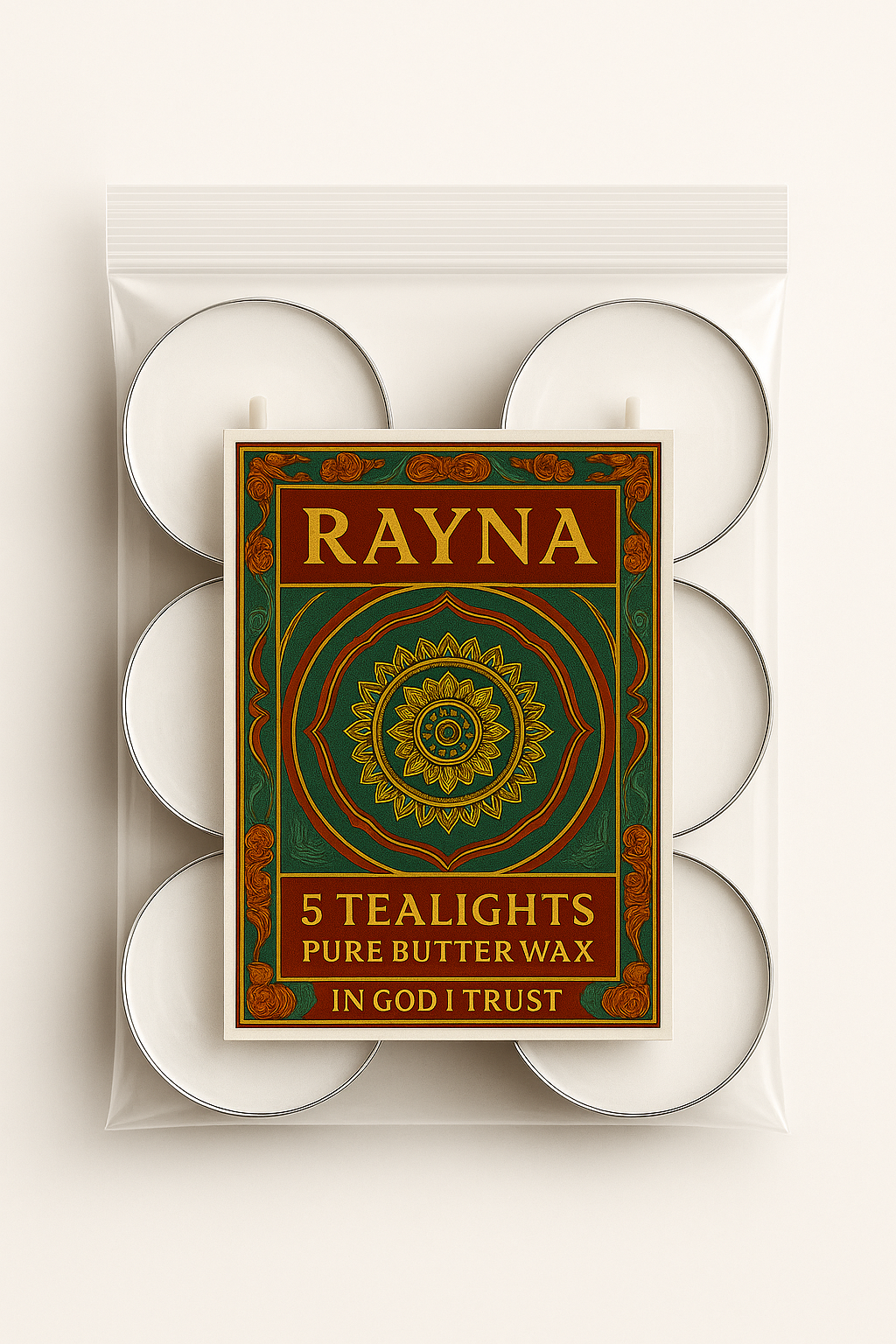 RAYNA Tealight Candle – 5PC + 1 Blessing Gift (6pcs WHITE)| "BLESSING"- BUDDHIST TANTRA WISDOM| Pure Butter Wax