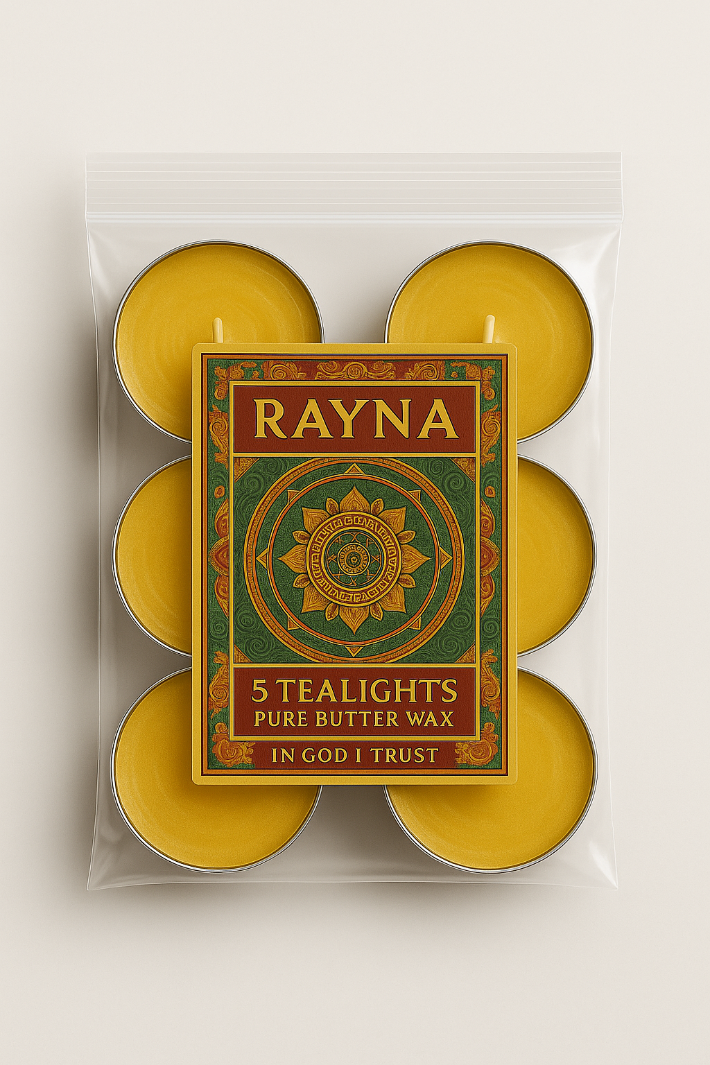 RAYNA Tealight Candle – 5PC + 1 Blessing Gift (6pcs YELLOW)| “BLESSING” BUDDHIST TANTRA WISDOM | Pure Butter Wax
