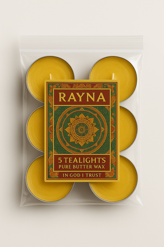 RAYNA Tealight Candle – 5PC + 1 Blessing Gift (6pcs YELLOW)| “BLESSING” BUDDHIST TANTRA WISDOM | Pure Butter Wax