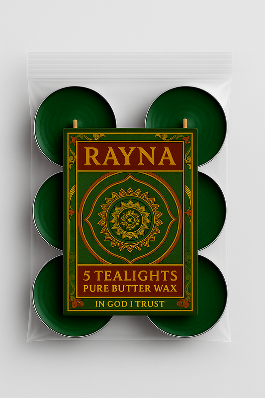 RAYNA Tealight Candle – 5PC + 1 Blessing Gift (6pcs GREEN)| "BLESSING"- BUDDHIST TANTRA WISDOM| Pure Butter Wax