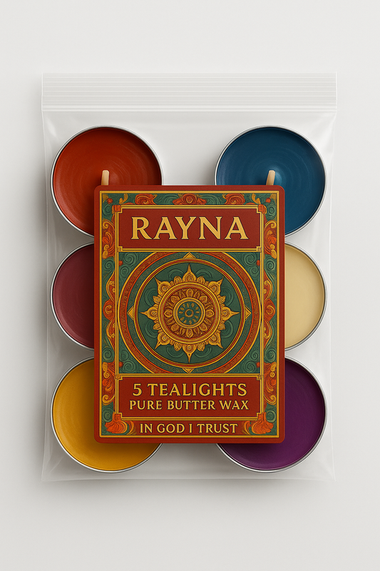 RAYNA Tealight Candle – 5PC + 1 Blessing Gift (6pcs COLORFUL)| “BLESSING” BUDDHIST TANTRA WISDOM | Pure Butter Wax