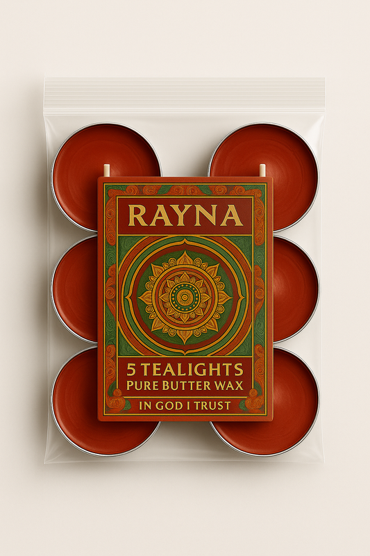 RAYNA Tealight Candle – 5PC + 1 Blessing Gift (6pcs RED)| “BLESSING” BUDDHIST TANTRA WISDOM | Pure Butter Wax