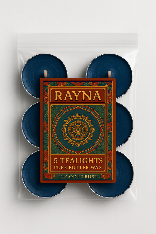 RAYNA Tealight Candle – 5PC + 1 Blessing Gift (6pcs BLUE)| "BLESSING"- BUDDHIST TANTRA WISDOM| Pure Butter Wax