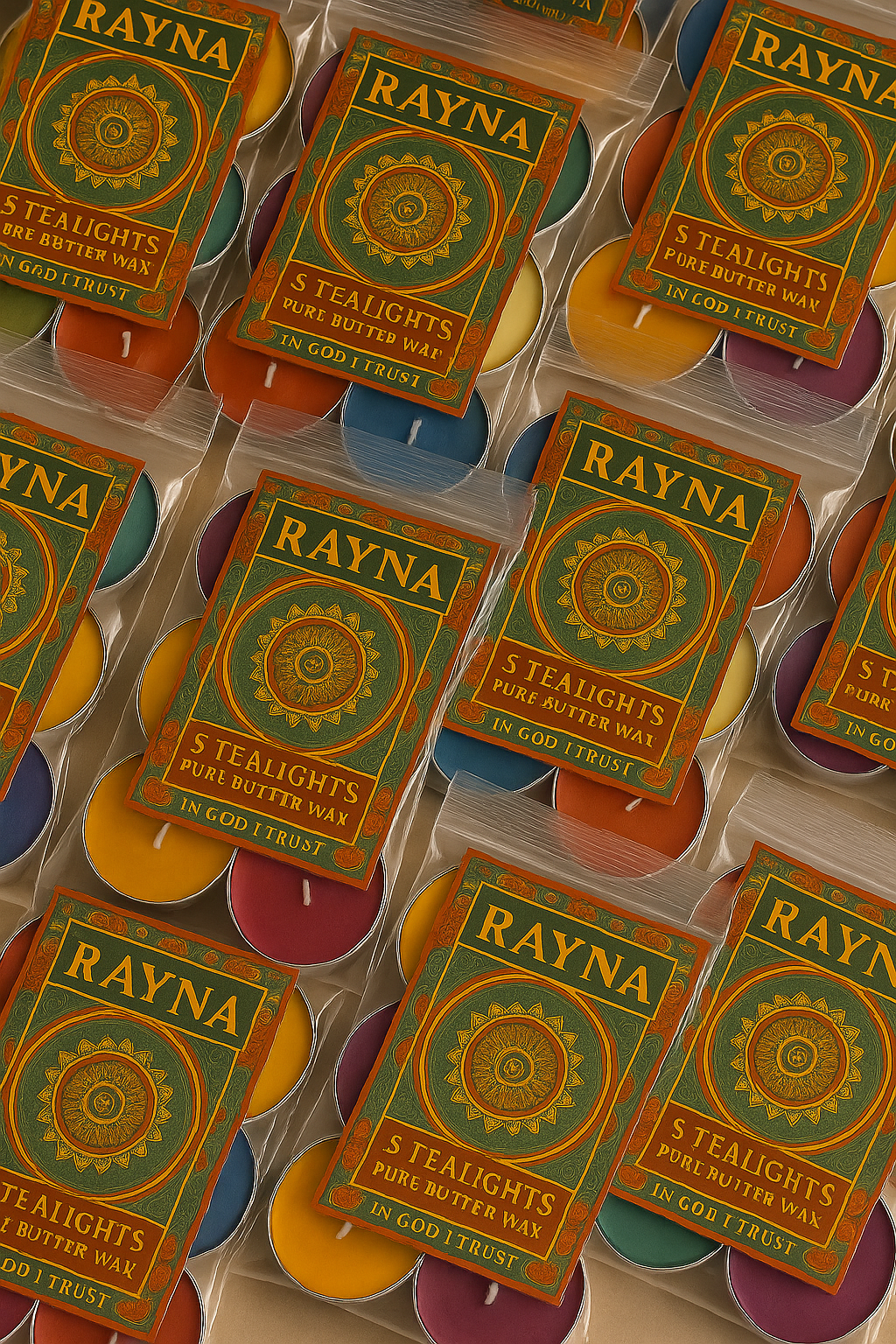 RAYNA Tealight Candle – 5PC + 1 Blessing Gift (6pcs COLORFUL)| “BLESSING” BUDDHIST TANTRA WISDOM | Pure Butter Wax