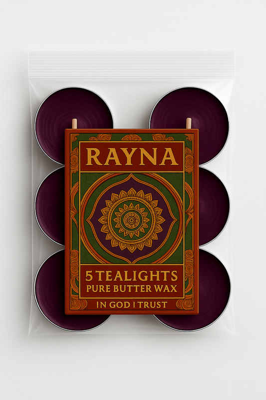 RAYNA Tealight Candle – 5PC + 1 Blessing Gift (6pcs PURPLE)|"BLESSING" BUDDHIST TANTRA WISDOM | Pure Butter Wax