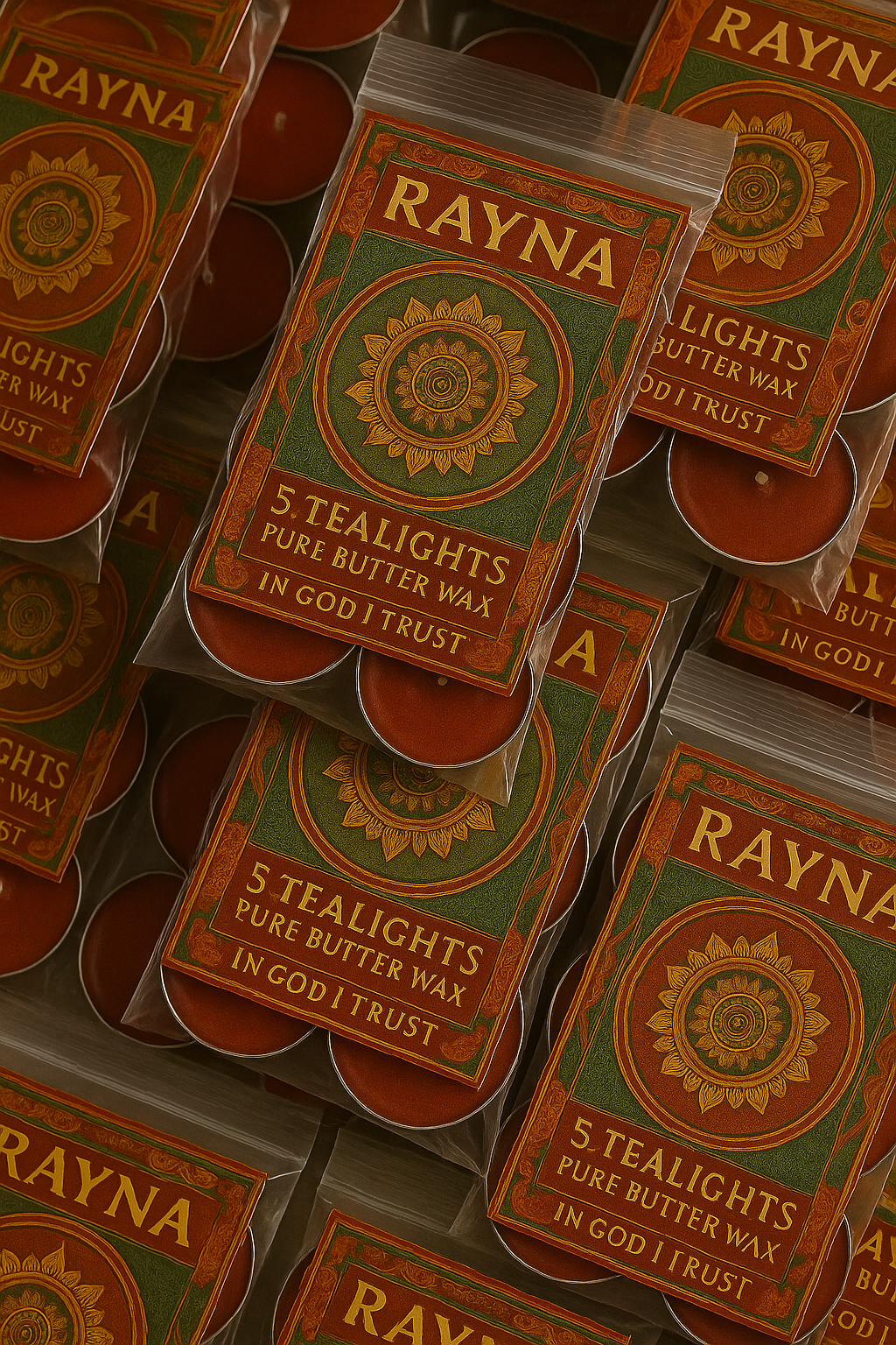 RAYNA Tealight Candle – 5PC + 1 Blessing Gift (6pcs RED)| “BLESSING” BUDDHIST TANTRA WISDOM | Pure Butter Wax