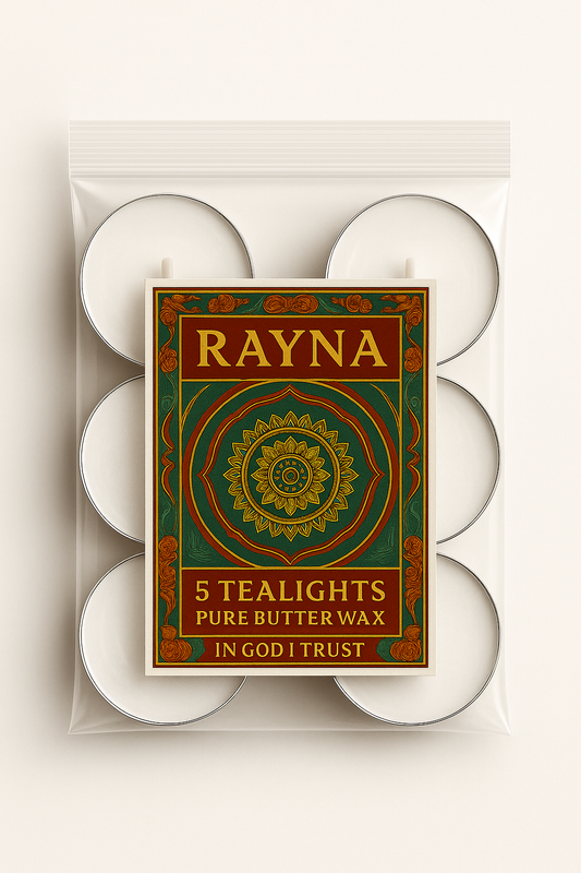 RAYNA Tealight Candle – 5PC + 1 Blessing Gift (6pcs WHITE)| "BLESSING"- BUDDHIST TANTRA WISDOM| Pure Butter Wax